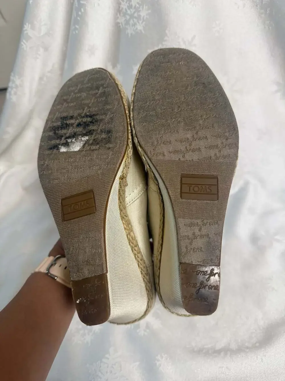 TOMS Beige Canvas Espadrille Peep Toe Wedge Heels